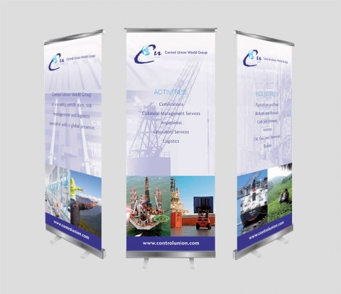 Drietal extra zware kwaliteit roll-up beursbanners.